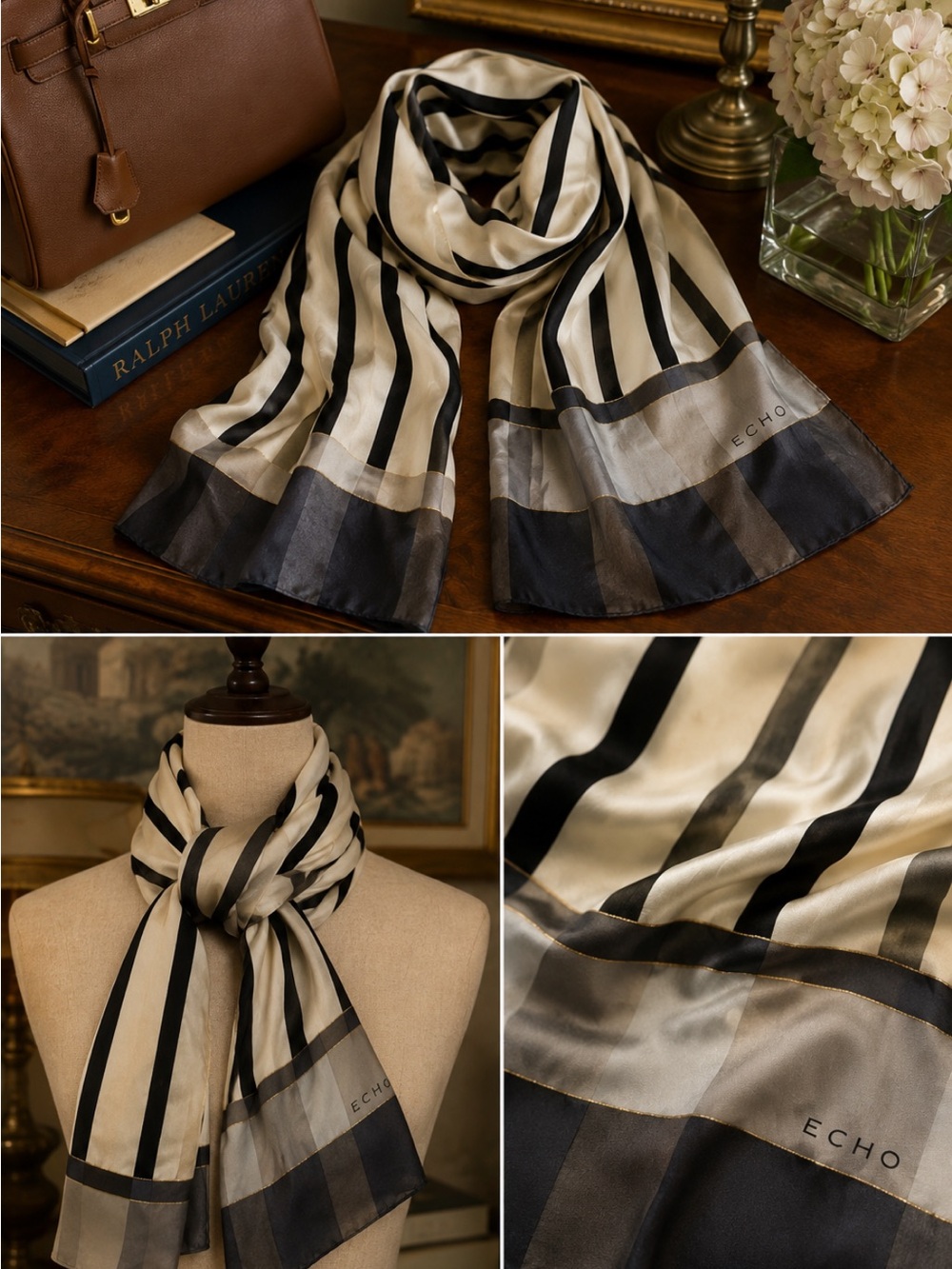 Echo Black and Ivory Striped Silk Scarf